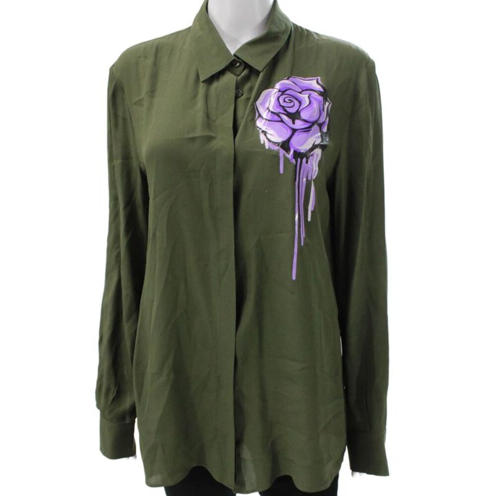 Boutique Moschino Women Collared Floral Button-Up Blouse Green Size 10
